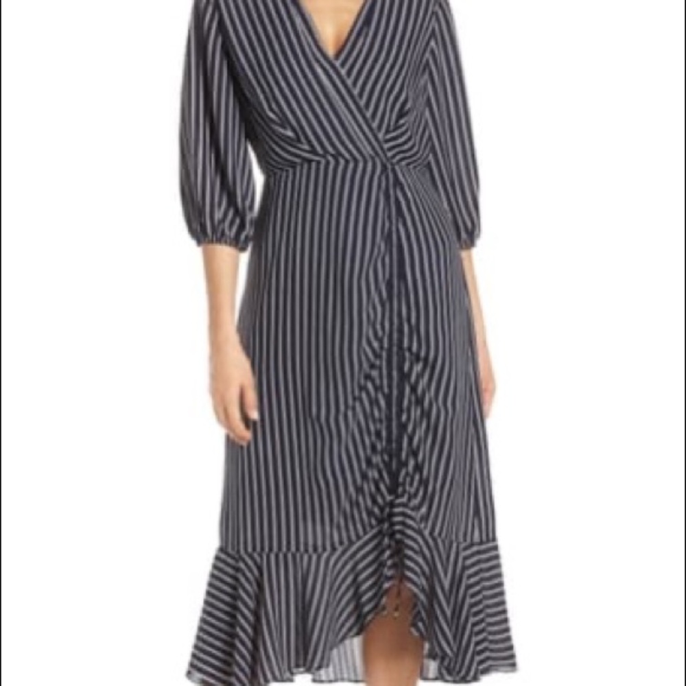 3/4 Sleeve Striped Side Roush Dress